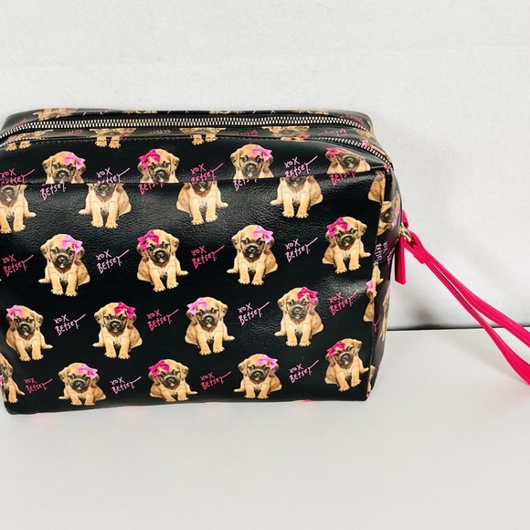 Betsey Johnson Dog Double Zip Cosmetic Make-up Bag Black Puppies - Picture 3 of 10